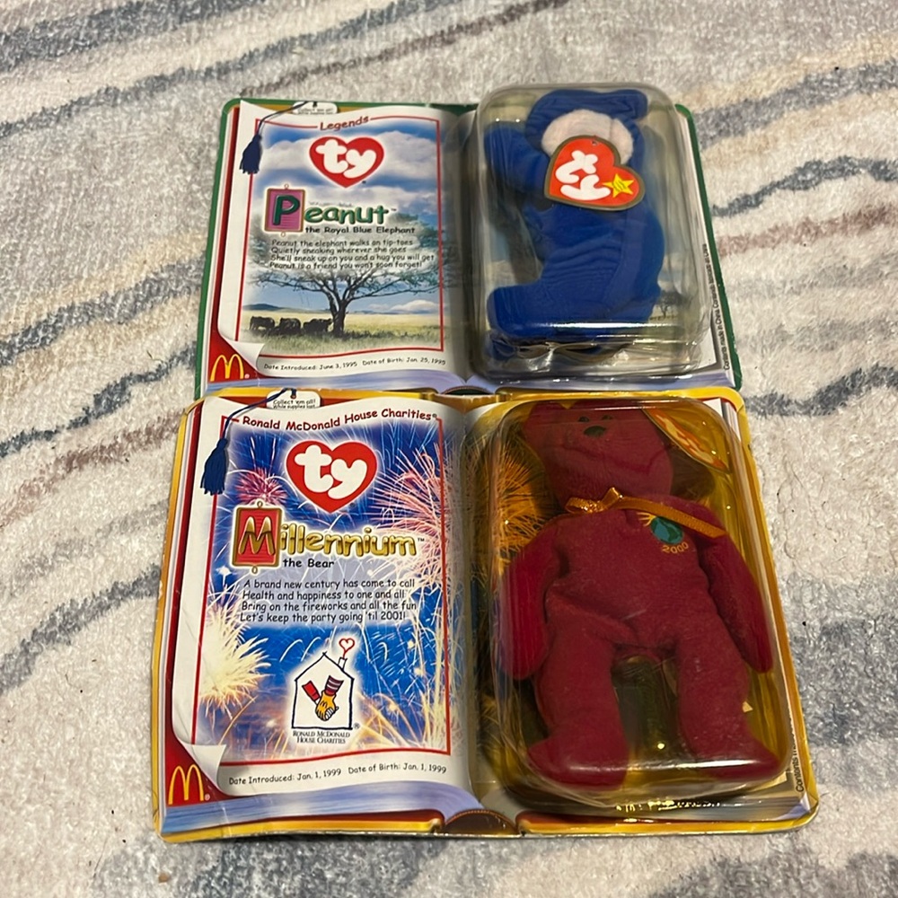 TY Beanie Baby Millennium bear 1999 and Peanut the royal blue Elephant McDonalds